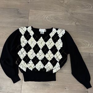 Vintage Black Sweater with White Sequin Argyle